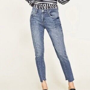 ZARA Woman Premium Denim Collection front seam asymmetrical raw hem jeans size 4